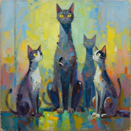 contemporary semi abstract acrylic painting of really tall sitting damaged zombie cats by makoto shinkai, by eduardo kobra, kessler art, thick brush strokes and visible paint layers, multicolor color scheme