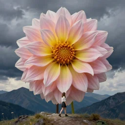 giant dahlia flower head, girl walking on mountain, surreal photography, storm clouds, dramatic light, impressionist painting, digital painting, artstation, simon stalenhag