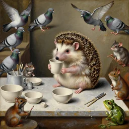 painting of a hedgehog on a table in a ceramic workshop, holding a cup, surrounded by ceramicists tools and unfinished bowls, surrounded by an audience of pigeons and rats and squirrels and frogs, oil painting, northern renaissance art, oil on canvas, wet - on - wet technique, realistic, intricate textures, illusionistic detail