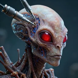 insectoid alien live form using alien medical instruments to probe a humans head, electron microscope image, ultra realistic, intricate details, eerie, highly detailed, red glowing eyes, small blue electrical nerves all around, octane render, 8 k