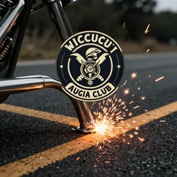 a logo for a motorcycle club featuring a metal foot bar touching the road and creating sparks