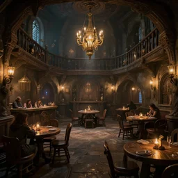 inside a tavern in a fantasy world, epic composition, intricate details, hyper detailed, 8 k, volumetric light, magical atmosphere,