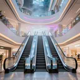 many escalators leading up to a large mall exterior, neon lights, fog, octane render