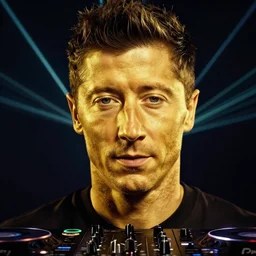 robert lewandowski as a dj in the club, photorealiscic face, golden skin, dark backgroud, lasers