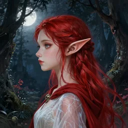 side portrait headshot high-fantasy elf girl with detailed pointed sharp long ears, translucent off-white gown and red cloak, fantasy forest landscape, moonshine, fantasy magic, flowing red hair, dark light night, intricate, elegant, sharp focus, illustration, highly detailed, digital painting, concept art, matte, art by WLOP and Artgerm and Greg Rutkowski and Alphonse Mucha, masterpiece