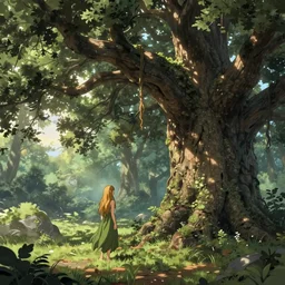 A druid meets a dryad coming out of her giant oak tree, fantasy illustration, photorealistic anime