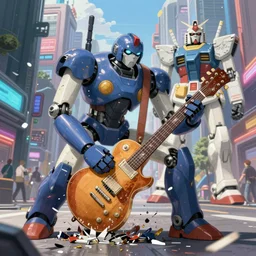 a cell animation of a robot shredding a guitar solo in a futuristic city street, macross, gundam, ghibli style, illustration, anime, trending on artstaion