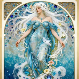 woman in a long blue dress made of the ocean and sea foam, surrounded by gemstones, glitter, wrapped in flowers, long white hair, intricate jewely, realistic, art by alphonse mucha, wlop