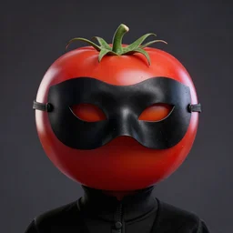 a highly detailed deviant tomato character, wearing a black pantalone masquerade mask, cinematic lighting, deviantart, lowbrow, surrealism, pixar still