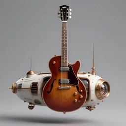 portrait of a gibson es - 3 3 5 guitar steampunk spaceship, floating over color soundwaves, cables everywhere, sound, fire, new art nouveau, mucha, rat fink, hot rod, moebius,