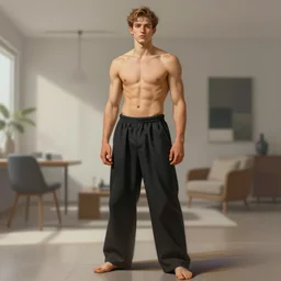 full figure portrait of a single beautiful young fit man, large pants, bare feet, by greg rutkowski and alphonse mucha, d & d character, modern interior room background, highly detailed portrait, digital painting, artstation, concept art, smooth, sharp focus ilustration, artstation hq