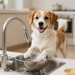 a happy dog doing the dishes, very detailed and sharp photorealistic image