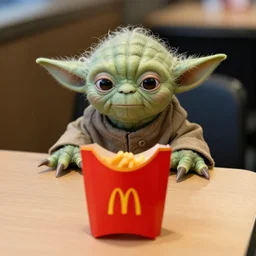 yoda, disappointed, yoda sitting behind a table inside mcdonald's, small red cardboard box on table, yellow m logo on box, flat cheeseburger 3 5 mm, f / 2. 8