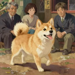A Shibainu dog, by studio ghibli painting, by Joaquin Sorolla rhads Leyendecker, An aesthetically pleasing, dynamic, energetic, lively, well-designed digital art, by Ohara Koson and Thomas Kinkade, traditional Japanese colors, superior quality, masterpiece