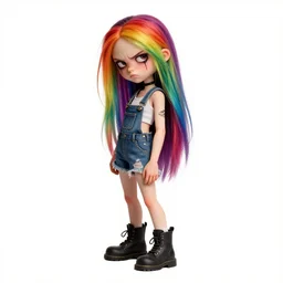 a grungy midget woman with rainbow hair, drunk, angry, soft eyes and narrow chin, dainty figure, long hair straight down, torn overalls, short shorts, combat boots, basic white background, side boob, symmetrical, single person, style of by Jordan Grimmer and greg rutkowski, crisp lines and color,