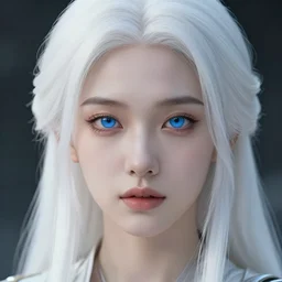 detailed portrait of perfect white haired girl, sci - fi, beautiful, pretty face, blue eyes, innocent, scifi, 4 k, sun yunjoo, ultra realistic, highlights, cinematic lighting, highly detailed, sharp focus, artstation, masterpiece, art by hyungjin yang and akihiko yoshida and ruan jia