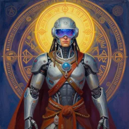 portrait of a future metaverse cyborg tech shaman warrior by Mandy Jurgens, cartoon, oil painting , visionary art, symmetric, Magick symbols, holy halo, shipi bo patterns, sci-fi