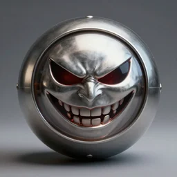 a perfectly round metal sphere with an evil face inside of it, photorealistic