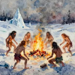 abstract watercolor painting of prehistoric cavemen, icescape, fire hearth, desolation, paint brush strokes, art by hans dahl, jesper ejsing, anders zorn, wonderful masterpiece by greg rutkowski, cinematic light, american romanticism by greg manchess, creation by tyler edlin