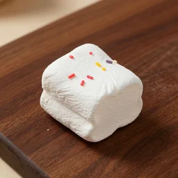 photograph of a delicious marshmallow cube with sprinkles on a dark wooden chopping board, pastel colours, professional food photography, photorealistic, depth of field, 4 k, canon 1 d, bohek
