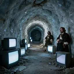 hallway inside ruined underground glacier city with broken crts displaying static, by greg rutkowski, zdzisław beksinski, anato finnstark, and rembrandt