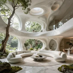 highly detailed sharp villa natural beautiful light interior soft cinematic composition of a smooth ceramic porcelain biomorphic magnolia stone nebula fluid sci - fi surreal architecture landscape, furniture, granite, trees, marble, moss, lichen, fungi, vincent callebaut composition, mamou - mani, archviz, 8 k, unreal engine, hdr