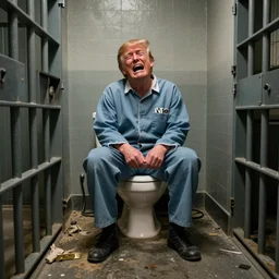 a disheveled Trump crying profusely in prison clothing sitting on a toilet in jail. wide angle. The floor is grimy. candid photograph.