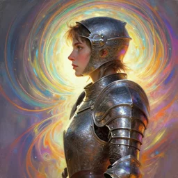 side profile painted portrait, imogen poots as a paladin, intricate metal armour, d & d, gloomhaven, soft luminescent glow, art nouveau, beautifully backlit, ripples, swirly vibrant color lines, fantastically gaudy, aesthetic octane render, 8 k hd resolution, by ilya kuvshinov, cushart krentz, gilleard james
