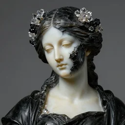 hyperrealism close - up fractured dark obsidian statue of a beautiful medieval woman's fractured face blended with dark obsidian and crystallic flowers in style of classicism, pale skin, ivory make up, wearing black silk robe, dark and dull palette