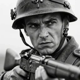 A soldier with a hateful face holding a machine gun, world war 1, close-up, realistic face, beautiful face detail, mature facial features, black and white, amazing digital art, hyper detailed, artstation, in the style of Tony Sart