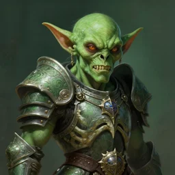 a mind - blowing portrait of a goblin chieftain, wearing a skeleton armor, green, deep focus, d & d, fantasy, intricate, elegant, highly detailed, digital painting, artstation, concept art, matte, sharp, illustration, hearthstone, art by artgerm and greg rutkowski and alphonse mucha