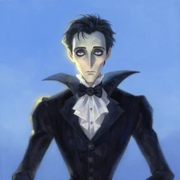 elegant mysterious solemn desperate male victor van dort from the movie the corpse bride, portrait, illustration, the land of the death, rim light, top light, summer clear blue sky, perfectly shaded, soft painting, art by krenz cushart and wenjun lin