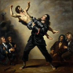 painting of the undertaker throwing mankind off of the hell in a cell by caravaggio