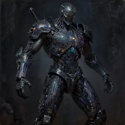 dark cyborg armour cloaked!!! entity made of intricate complex circuitry and microchips, iridescent, warrior assassin, black full body, colorful, intricate linework, gothic baroque, intimidating athletic stance, magical, realistic oil painting, artstation, rutkowski, wlop, chebokha, artgerm