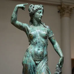 detailed photo of an old bronze patina statue of most beautiful woman, full body portrait, various seducing pose, aphrodite, venus, photorealism, some light reflexions, intricate detail, museum diffuse lighting