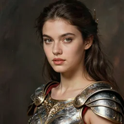 close - up portrait of beautiful model dressed gladiator with metallic armor, art by jean - milo manara