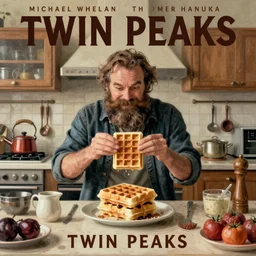 twin peaks poster by michael whelan and tomer hanuka, full body portrait of bearded man failing to make a waffle, kitchen, full of details, by makoto shinkai and thomas kinkade, matte painting, trending on artstation and unreal engine
