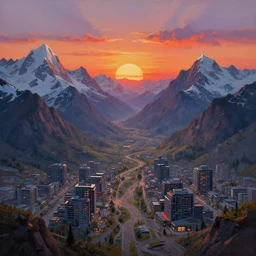 beautiful sunset over detailed cyberpunk suburb in a valley surrounded by epic mountains with snowtops, sharp, highly detailed, oil on canvas, kacper niepokolczycki, syd mead, 4 k, perfect geometry