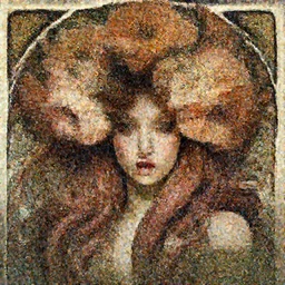 a portrait of a  very seductive young woman, hair full of gigantic flowers and tentacles, photoillustration, realistic, closeup, facing the camera, dramatic lighting, in the style of WLOP and  Alphonse Mucha and Kim Deuk-sin