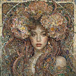 a portrait of a  very seductive young woman, hair full of gigantic flowers and tentacles, photoillustration, realistic, closeup, facing the camera, dramatic lighting, in the style of WLOP and  Alphonse Mucha and Kim Deuk-sin