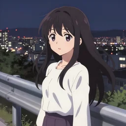 anime visual, portrait of an elegant girl sightseeing above the city at night, long flowing hair, guardrail, dark, cute face by yoh yoshinari, katsura masakazu, dynamic pose, dynamic perspective, ilya kuvshinov, strong silhouette, anime cels, 1 8 mm, rounded eyes, realistic proportions, dramatic, detailed facial features