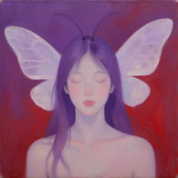 an oil painting of androgynous human with moth antennae and bug moth wings by Aya Takano, superflat art, very ethereal, joy, painterly, heavy impasto, purple and scarlet colours
