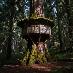 treehut, redwood, moss, big forrest, by alex andreev, landscape, high contrast, digital