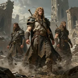 costume design made by nordic tribes, sophisticated composition, old masters light composition, procedurally generated, dynamic brush strokes, linear gamma, dynamic pose, natural light, dissolution , turbulence,epic human character posing for concept art, beautiful ancient gothic ruins behind, substance designer, PBR, Ultra detailed, hyperrealistic, megascans, volumetric light, concept by master artist, made in paint tool SAI2, trending pixiv face