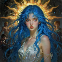stunning, breathtaking, awe-inspiring award-winning concept art nouveau painting of attractive Ashley Liao nymph with blue hair, as the goddess of the sun, with anxious, piercing eyes, by Alphonse Mucha, Michael Whelan, William Adolphe Bouguereau, John Williams Waterhouse, and Donato Giancola, cyberpunk, extremely moody lighting, glowing light and shadow, atmospheric, cinematic, 8K