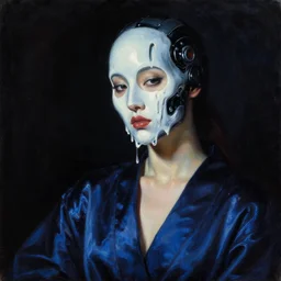 hyperrealism mixed with classicism, oil painting, close - up portrait of fashion model, looking at melting cyborg face, fully clothes in dark blue reflect robe, complete darkness, in style of classicism mixed with 8 0 s sci - fi japanese hyperrealism