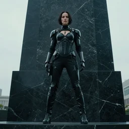 cinestill 5 0 d candid photographic portrait by quentin tarantino of a feminine android wearing sexy black rugged techwear on a black marble monument, medium wide shot, modern cyberpunk moody emotional cinematic, clear skies, 8 k, hd, high resolution, 3 5 mm, f / 3 2, ultra realistic faces, ex machina