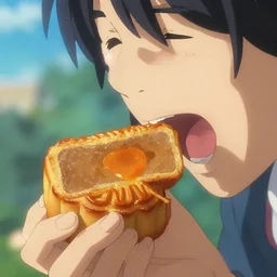 ' someone very happy tasting a delicious mooncake, very detailed, by artgem, hugh kretschmer and edwin austin abbey, victo ngai, makoto shinkai, style of macro lens