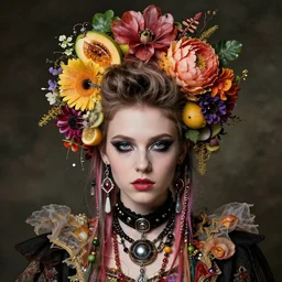 fantasy portrait of a straightedge punk teenager with glam rock hairdo composed of fruit and flowers, intricate, decorative, homoerotic, Baroque style,