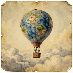 “a old yellowed painting on canvas of a hot air balloon floating between the clouds, the balloon is made of the earth as seen from space. Jules vernes, steampunk style, sepia and yellow paper”